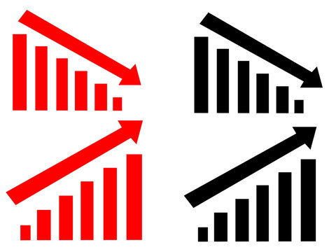 Two sets of bar graphs illustrating upward and downward trends, presented in red and black.