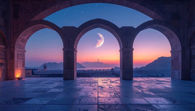 Serene twilight vista framed by three arches, showcasing a crescent moon and distant cityscape at dawn - Powered by Adobe