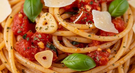 Closeup of bucatini pasta with tomato sauce garlic basil and cheese