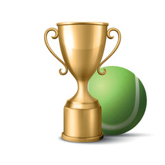 Vector 3d Realistic Golden Trophy Cup Icon with Tennis Ball. Sports Award Illustration for Tennis Tournament, Match Victory, Champion Prize, Sports Event Design, Competition Reward, Winner Concept