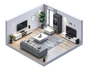 A modern living room interior design, featuring a smart home setup, presented in an isometric view, showcasing a neutral color palette and comfortable furnishings.