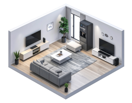 A modern living room interior design, featuring a smart home setup, presented in an isometric view, showcasing a neutral color palette and comfortable furnishings.