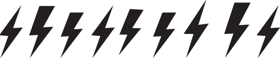 Obraz premium Black lightning bolt icons, electric energy symbols, power vector set, speed concept, minimalist design, sharp angles, electricity, storm, voltage, graphic elements