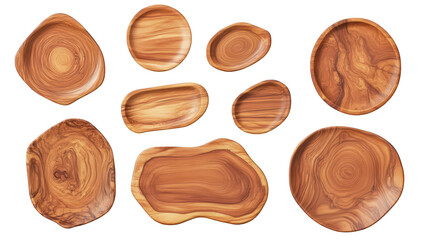 A collection of beautifully crafted wooden serving plates in various organic shapes and sizes. their unique grain patterns. ideal for culinary presentations or home decor