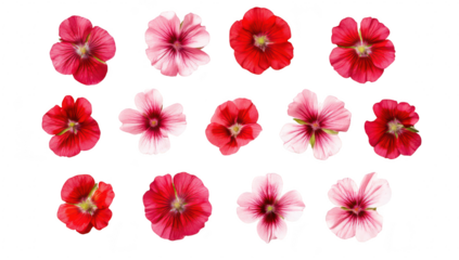 A arrangement of pink and red flowers displayed on a white background. their intricate petals and natural beauty. ideal for use in floral designs or nature-themed projects