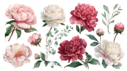 Collection of beautiful peonies and leaves isolated on transparent background