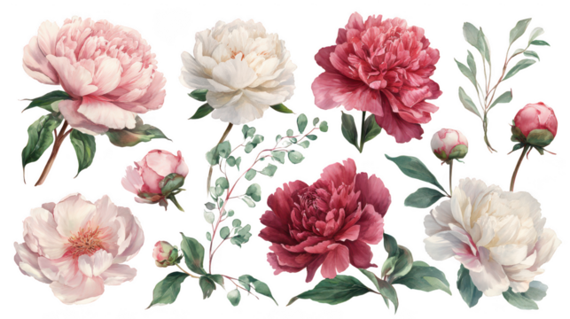 Collection of beautiful peonies and leaves isolated on transparent background