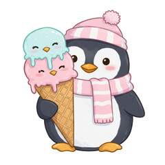 Fototapeta premium Cute kawaii penguin holding a pink and blue ice cream cone, isolated on transparent background