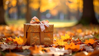 Golden gift box in autumn leaves