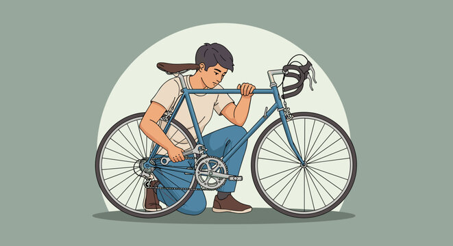 Young boy fixing his bicycle with a wrench - Powered by Adobe