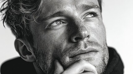 Black and white portrait of a thoughtful young man