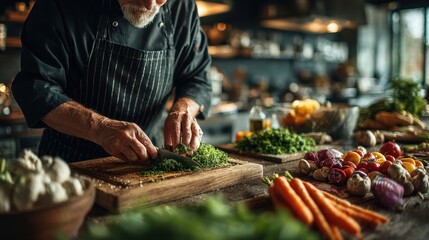 Skilled Chef Preparing Fresh Ingredients in a Modern Kitchen with Various Colorful Vegetables and Aromatic Herbs for a Culinary Masterpiece