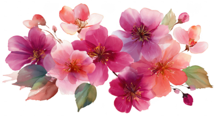Watercolor pink and purple flowers isolated on transparent background