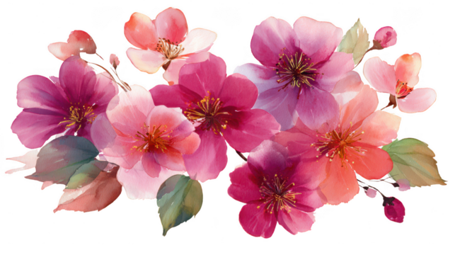 Watercolor pink and purple flowers isolated on transparent background