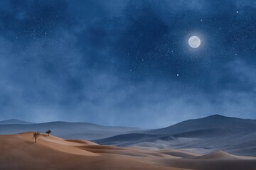 Serene night desert landscape under a full moon with starry sky