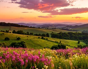 Rolling hills at sunset, vibrant wildflowers in foreground