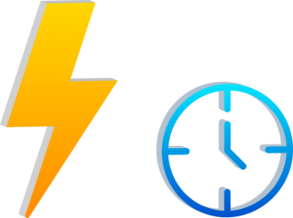 3D Yellow Lightning Bolt with Blue Clock Icon Isolated on Transparent Background