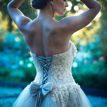giovane donna in abito da sposa mostra la schiena nuda, young woman in a wedding dress shows her bare back