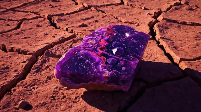 Vibrant Purple Rock on Dry Cracked Earth in Drastic Landscape of Arid Desert Highlighting Unique Natural Patterns and Colors Under Starlit Sky
