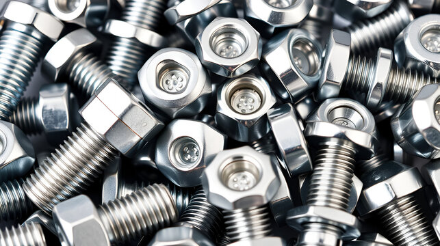 Close-up of shiny metal fasteners including bolts, nuts, screws, washers in zinc and chrome plated finish - Powered by Adobe