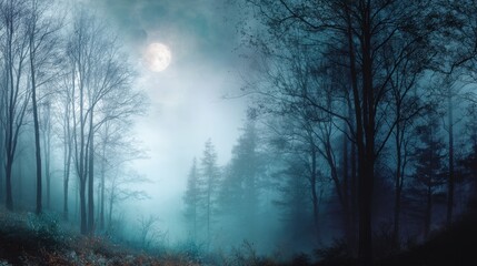 Obraz premium Full moon in a dark forest on a cold misty night. Scary forest landscape for Halloween. Winter landscape.
