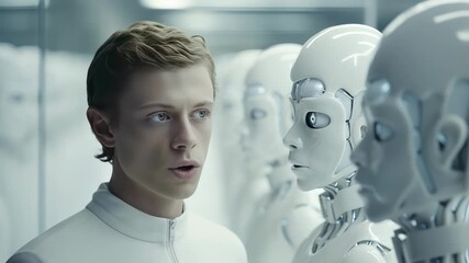 A young Caucasian man with short blond hair stands in a futuristic setting, observing humanoid robots with smooth white surfaces and blank expressions. - Powered by Adobe
