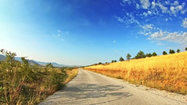 Traveling across beautiful landscape, dry grass, blue sky clouds, POV drive