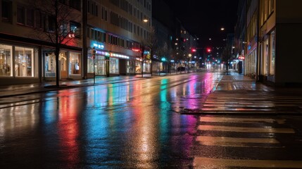 Obraz premium Wet street at night reflecting colorful neon lights from city buildings. Urban landscape with illuminated storefronts and traffic lights.
