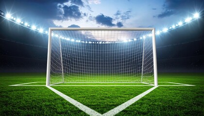 Empty soccer stadium goal under lights
