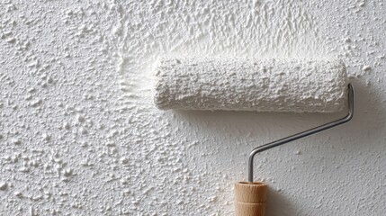 Obraz premium Paint roller applying white color to a textured wall. Home improvement and renovation concept. DIY painting.