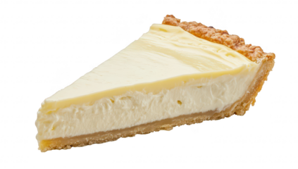 A perfectly sliced piece of creamy cheesecake on a white background. its smooth texture and golden crust. ideal for dessert menus or culinary publications