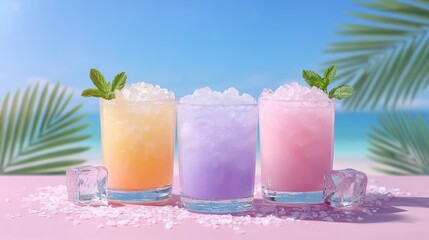 Vibrant Assorted Cocktails on Pink Surface with Ocean Backdrop and Palm Leaves in Bright Daylight
