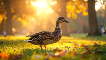 Golden light on a duck in autumn