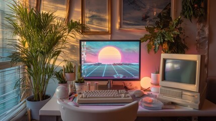 Modern computer and old monitor on desk in retrofuturistic room. Desktop setup with Synthwave wallpaper. Tech nostalgia.
