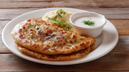 Indian paratha flatbread with mashed potato and yogurt sauce. Traditional cuisine with herbs. Delicious appetizer on rustic wood table.