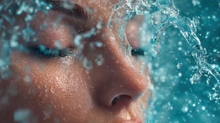 Woman face with pure water splashing. Fresh healthy skin and skin care treatment. Beauty and hydration cosmetic concept.