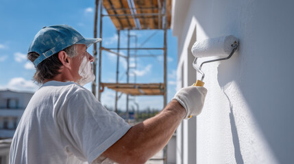 Painter holding paint roller, painting white exterior wall of under construction house that is nearing completion. working applying a white prime on a wall