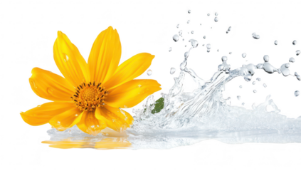 A yellow flower splashes into clear water. creating dynamic droplets and ripples. set against a pristine white background. ideal for nature and beauty themes