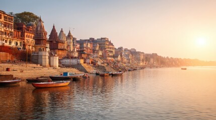 Ancient Indian city building on Ganges river shoreline. Holy city with temple at sunrise. Traditional culture tourism.