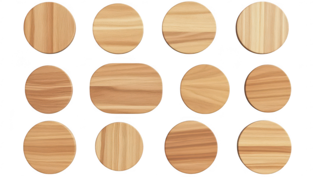A collection of wooden coasters arranged in a grid pattern their natural grain and texture against a clean white background. ideal for home decor or kitchen use