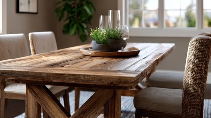 Rustic wooden dining table with chairs centerpiece of plants and glasses