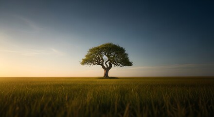 Fototapeta premium Lone Tree In A Field At Golden Hour Sunset