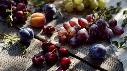 Assorted fresh fruit on rustic wooden surface plums grapes cherries and peach