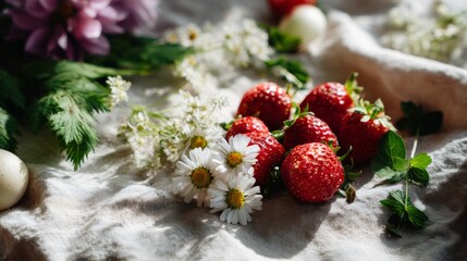 Fresh Strawberries Daisies and Mint on Linen Fabric Flowers Fruit Spring