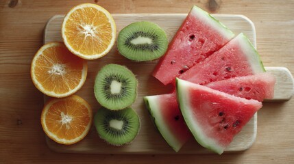 Sliced oranges kiwi fruit and watermelon on a wooden board sliced fruit