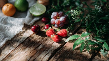 Fresh strawberries grapes cherries and citrus fruits arranged on rustic wooden surface with greenery