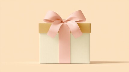Beige gift box with pink ribbon and bow Studio shot on light background