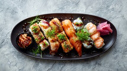 Assorted Sushi Platter Salmon Shrimp and Unagi Rolls with Garnishes Japanese Food
