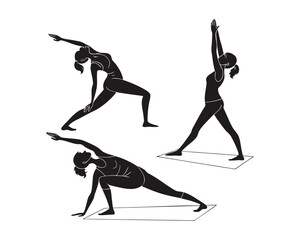 Fototapeta premium Silhouette illustration of three women performing yoga poses on mats
