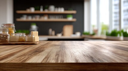 Wooden kitchen table with jars of food and blurred background countertop